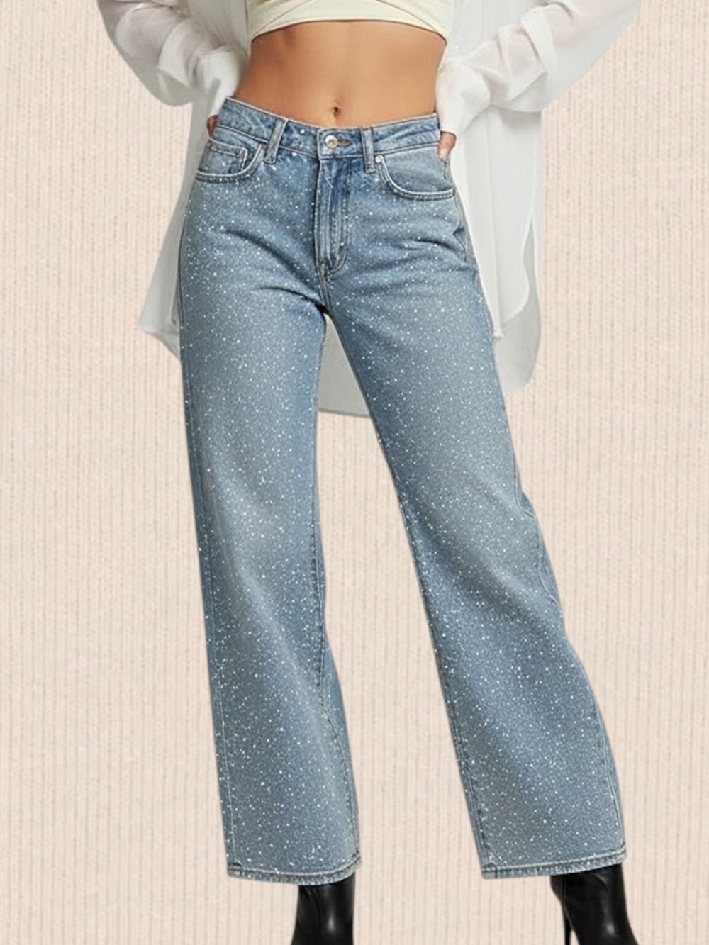 NWT High Waisted Diamanté Straight Leg Rhinestone Ingrained Denim Jeans